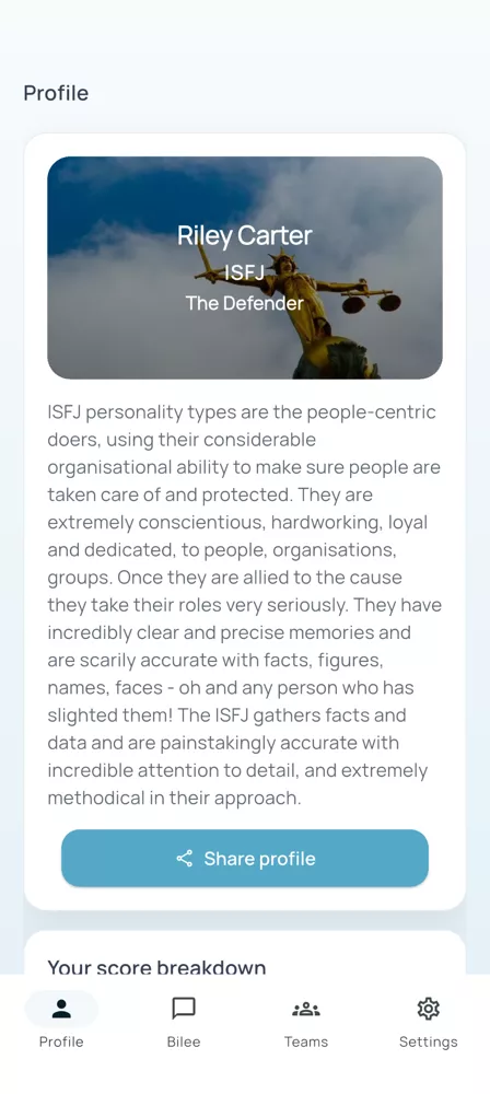 Bilee Android personality profile screen